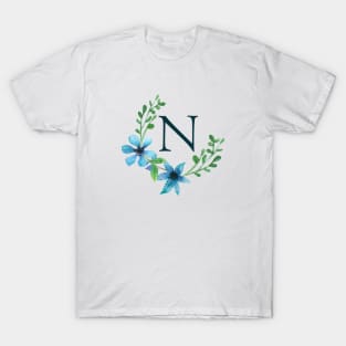 Floral Monogram N Pretty Blue Flowers T-Shirt